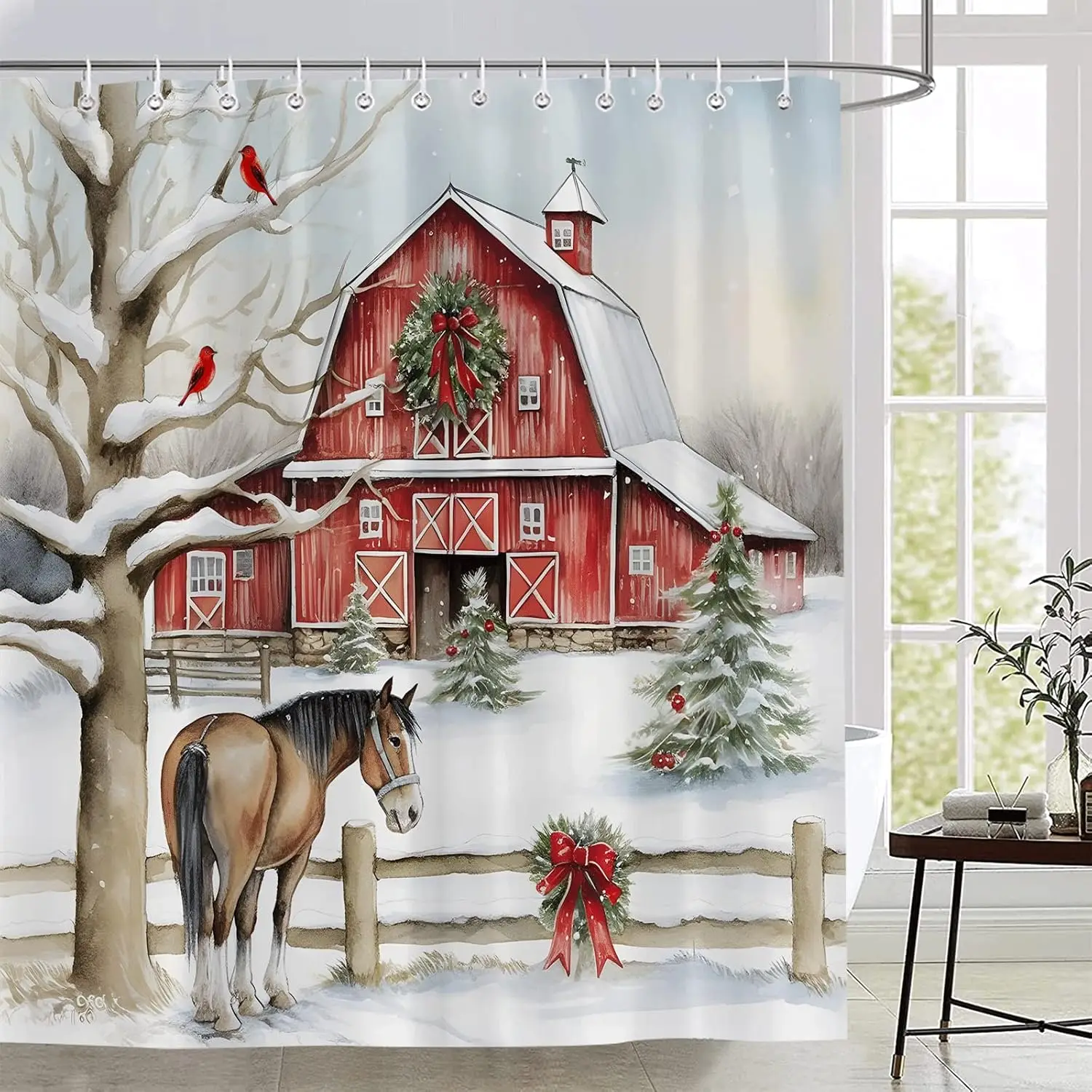 

Зимняя занавеска для душа на ферме, деревенский сарай, венок, лошади, зеленая сосна, красная птица, снежный забор, винтажный деревенский с Новым годом, праздник