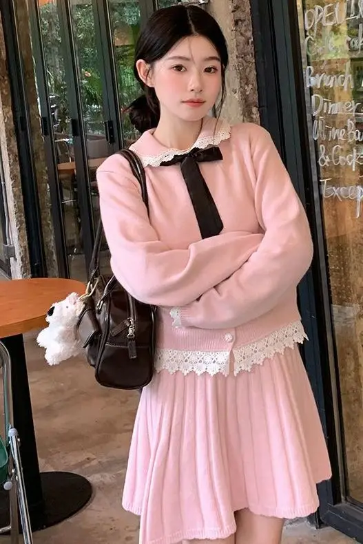 

French Style Pink Knit Set for Women Cute Preppy Fall/Winter Two-Piece Outfit with Sweater Top & Pleated Mini Skirt Elegant Cozy