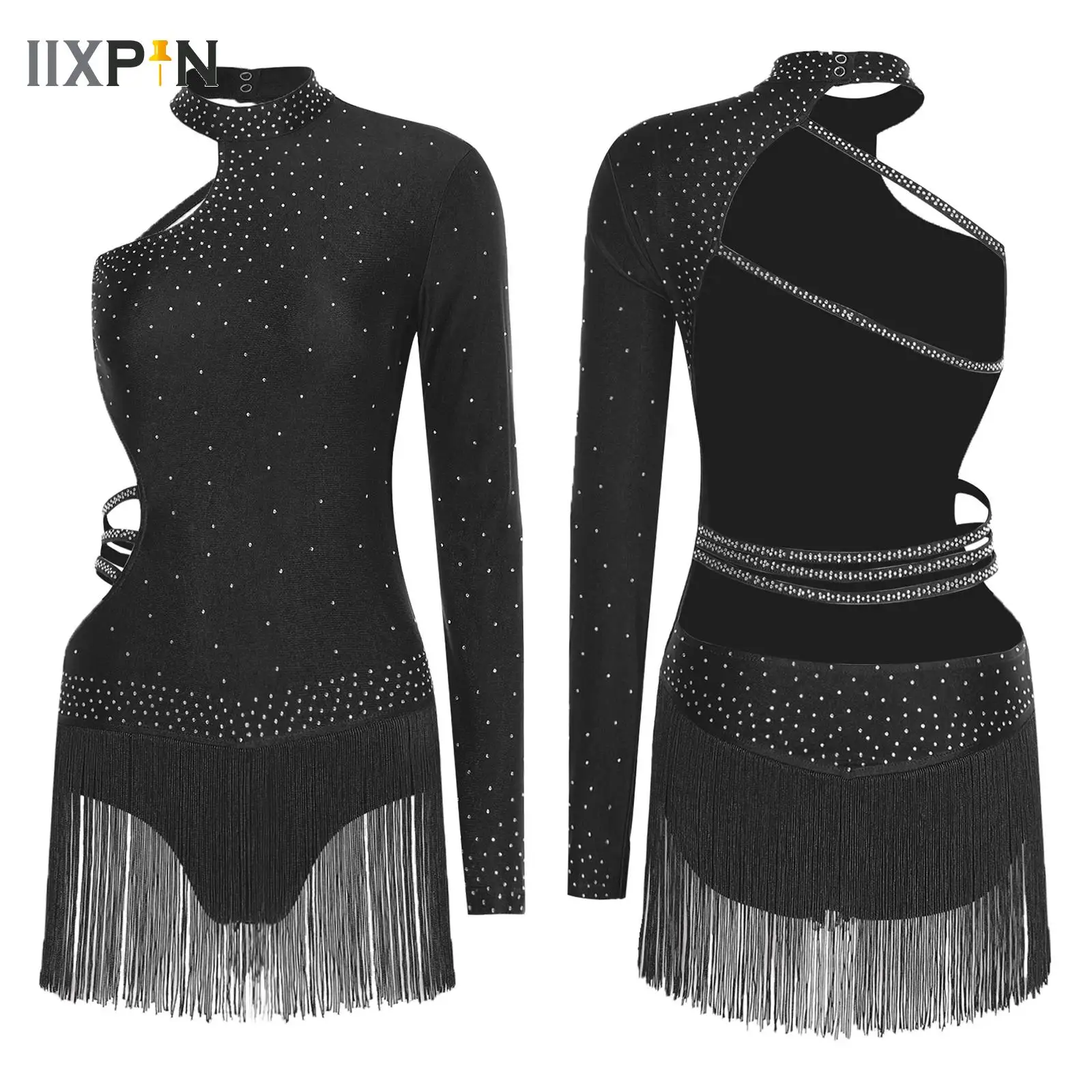 

Womens Tassel Latin Dance Leotard Dress Tango Cha-Cha Salsa Figure Skating Performance Costume Adult Rhinestone Fringed Bodysuit