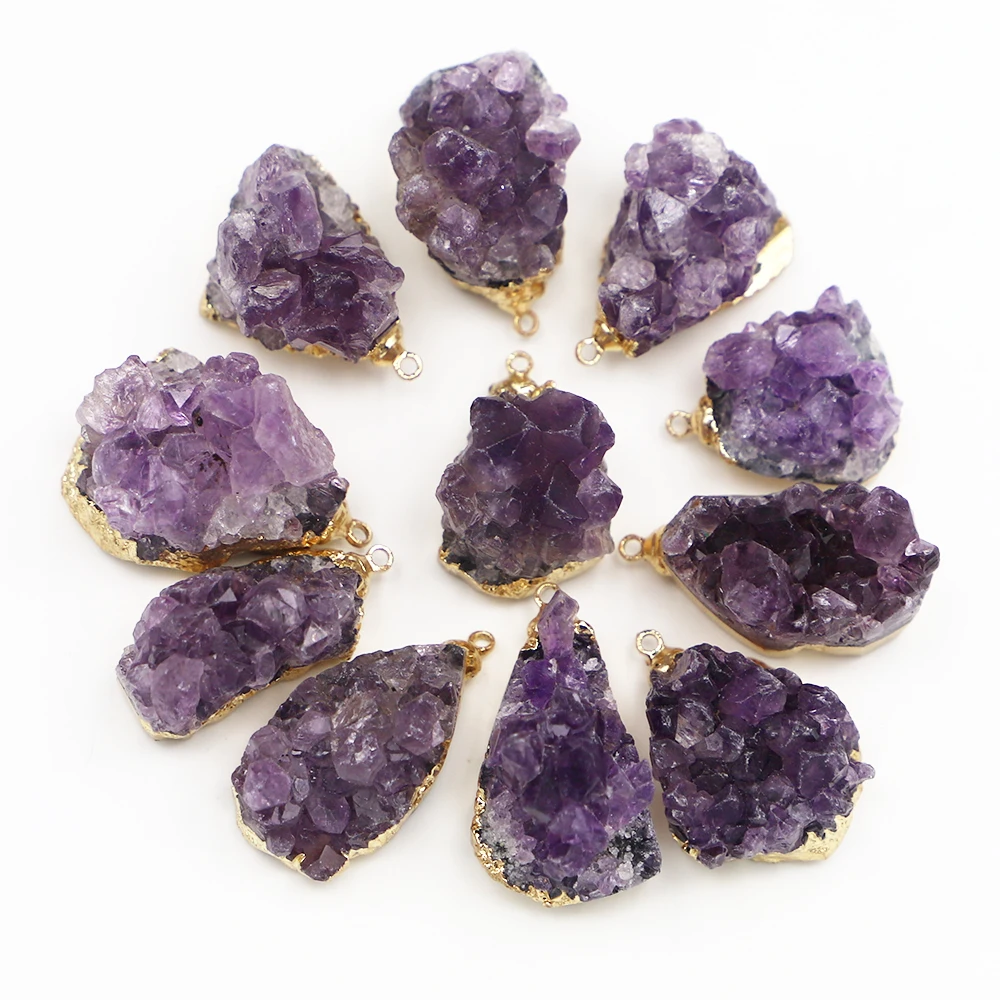 Fashion Natural Stone Irregular Pendant Uruguay Amethyst Phnom Penh Energy Healing Gemstone Necklace Chakra Halo Jewelry 6Pcs