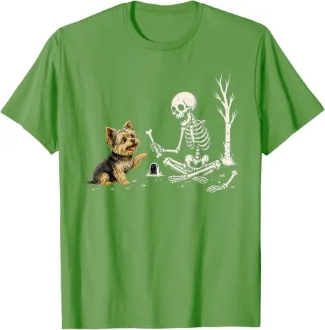 Lustiges Yorkie-Skelett und Halloween-Kostüm-Totenkopf-T-Shirt Y2K Niedlicher Welpe Hund Papa Mama Grafik-Bekleidung Halloween Haustierliebhaber-T-Shirts – Detail 9