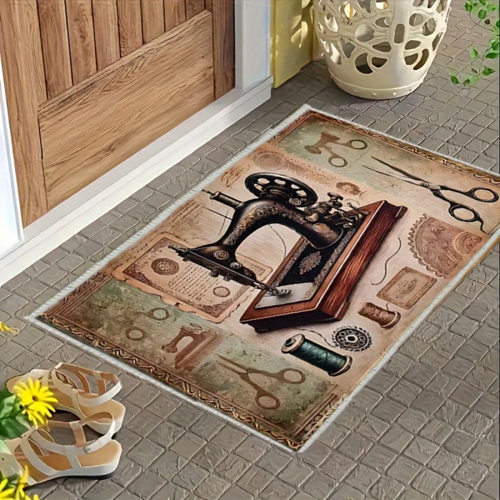 Vintage Sewing Machine Scissors Pattern Entrance Doormat Non Slip Washable Kitchen Laundry Floor Carpet Home Decor Rug 1PC