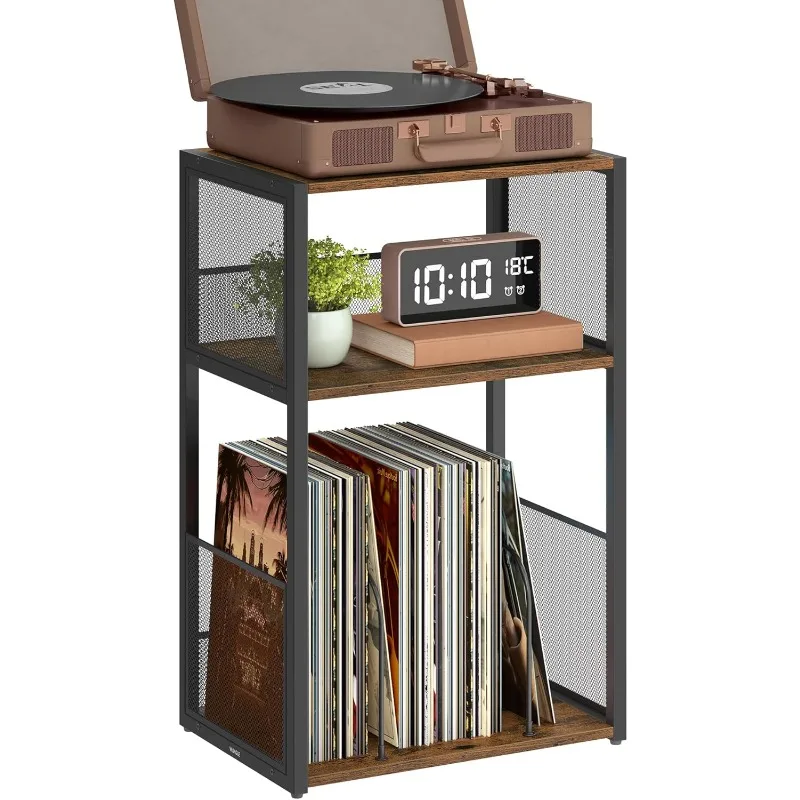 Record Player Stand, 3-Tier Side Table, Vinyl Record Storage up to 100 Albums, End Table for Living Room, Bedroom