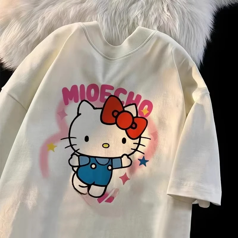 

25 летних милых хлопковых футболок с короткими рукавами и милым принтом «Hello Kitty», свободные повседневные женские футболки, универсальные женские повседневные топы
