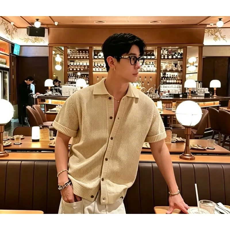 2026 Summer American Vintage Thin Breathable Hollow Out Knit Cardigan, Old School Textured Short Sleeve Shirt for Men
