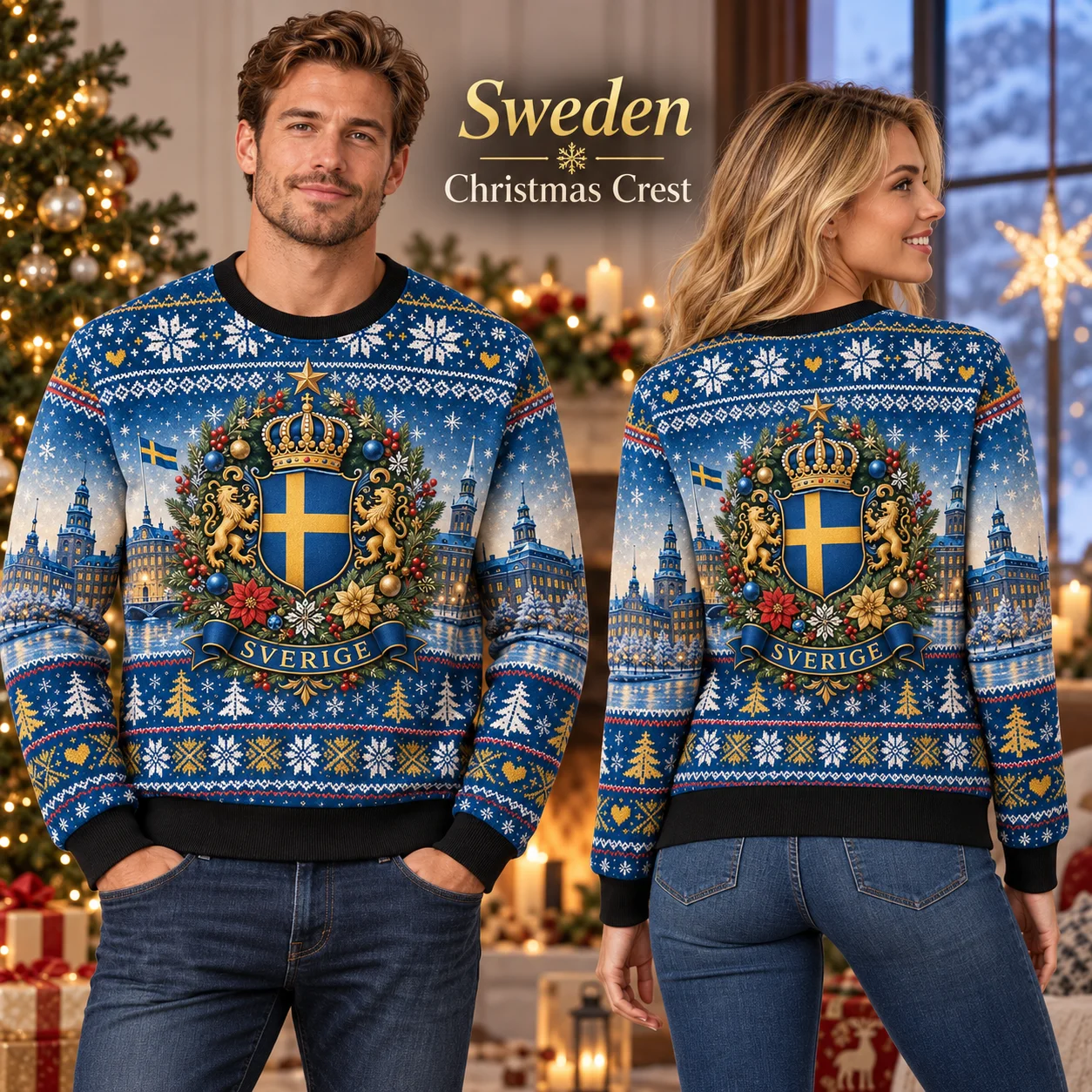 Hot Sweden Ugly Christmas Sweater, Nordic Style Holiday Sweaters For Adults Featuring Crown Emblem Snow Christmas Party Outfit