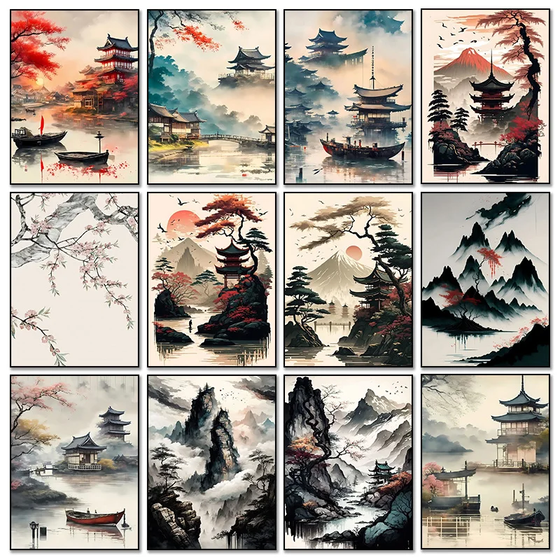 Chinese Landscape Forest Mountain River Crane Plum Blossom Temple Art Poster Canvas Painting Prints Wall Art Picture Home Dec