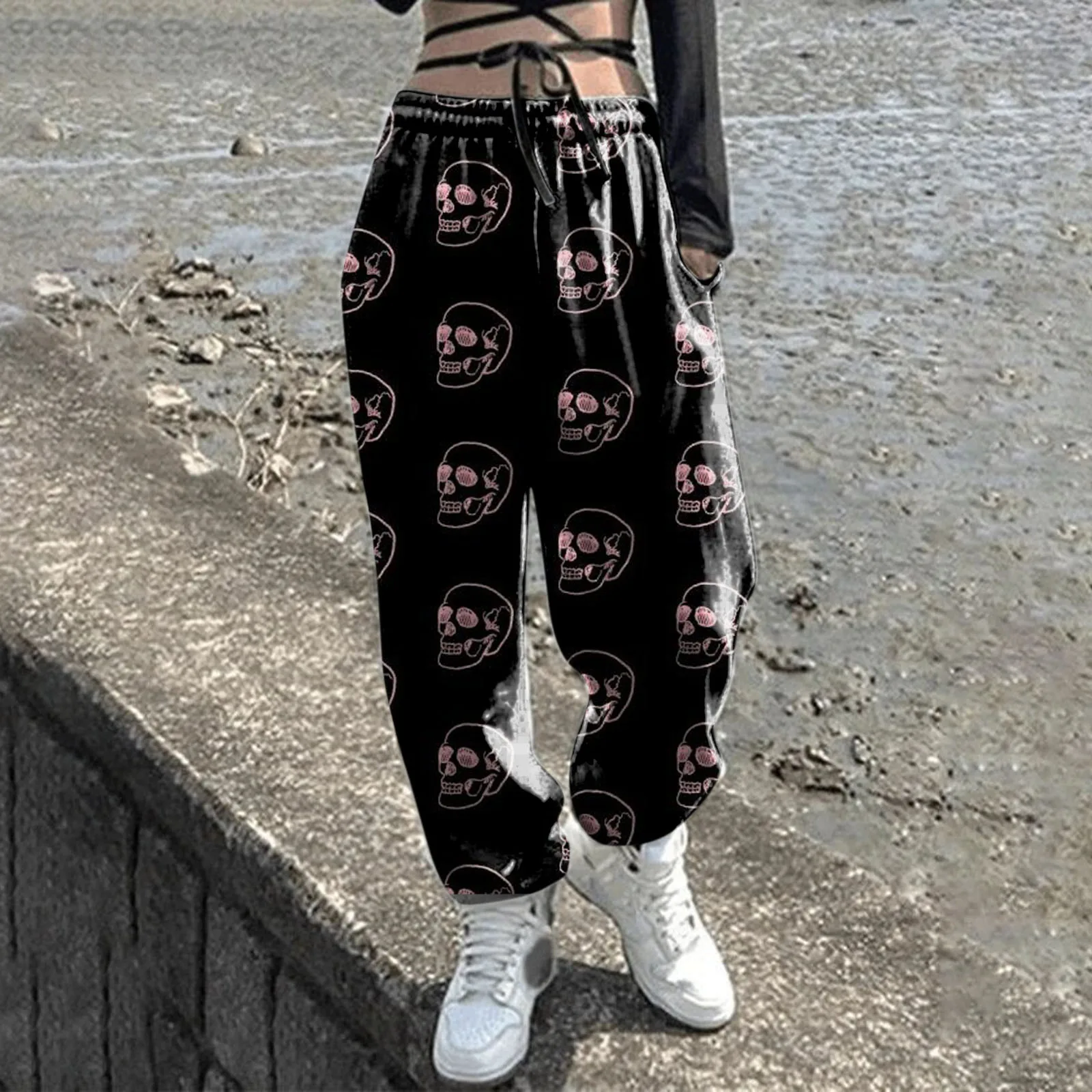 

Pink Skull Head Print Sweatpants For Women Autumn Baggy Fashion Oversize Jogging Pants Halloween Trousers Female Joggers Street