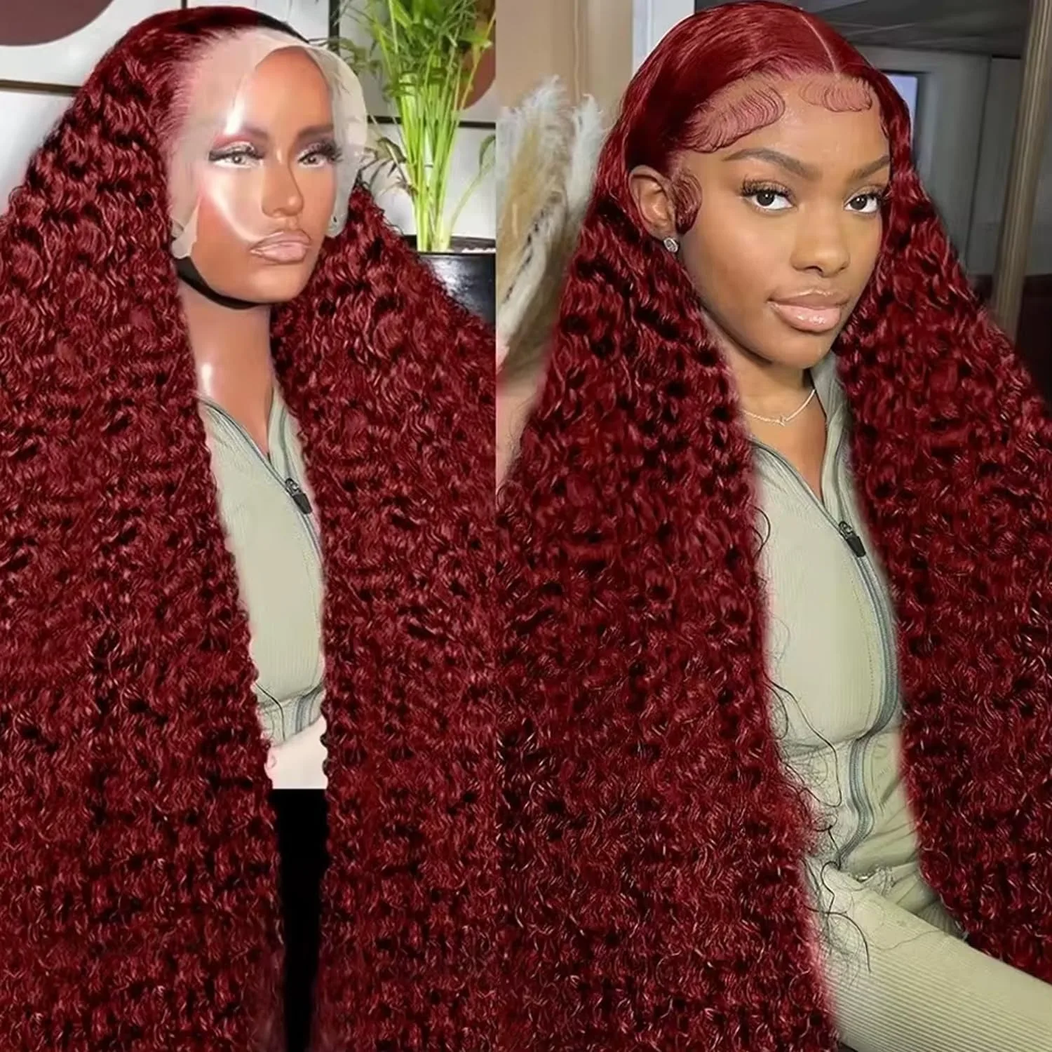 30 40 Inch Burgundy 99j Deep Wave Lace Frontal Wig Curly Human Hair Wigs 250% Density 13x4 13x6 HD Lace Front Human Hair Wigs