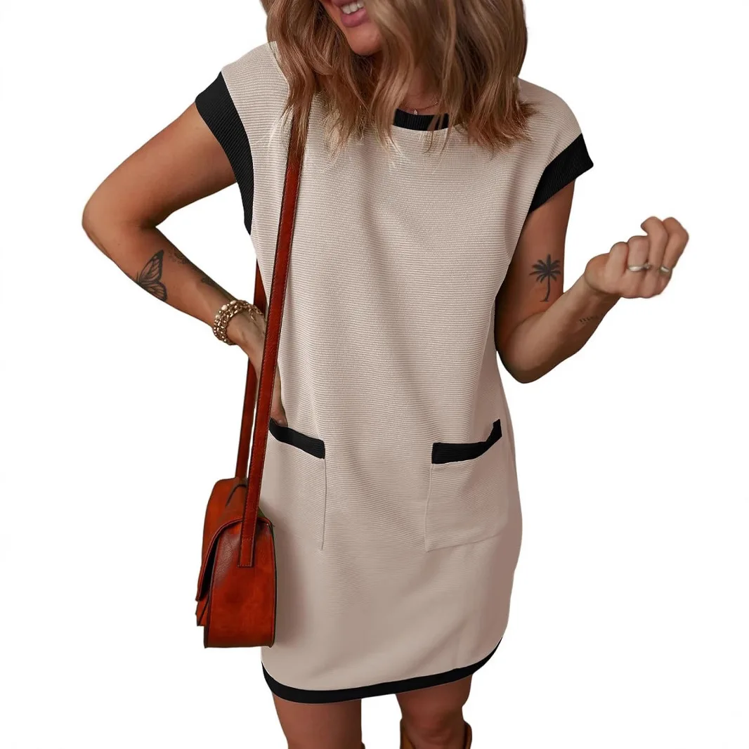 

2025 Summer Women's Dress Elegant Pocket Straight Round Neck Short Sleeve Mini Casual Commuting Team Building Street Style Dress