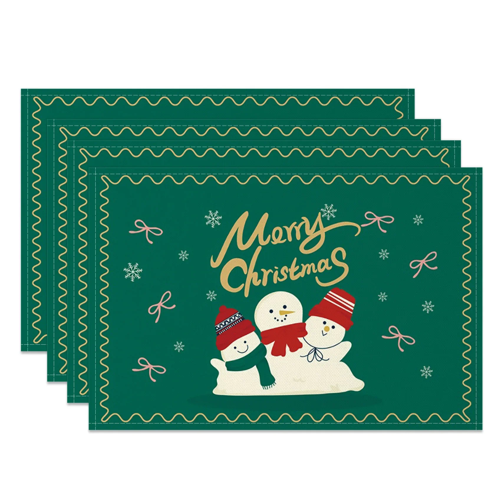 4pc/set 2025 Christmas Placemats Snowman Santa Pinecone Green Theme Holiday for Xmas Decor Linen Washable Christmas Tableware