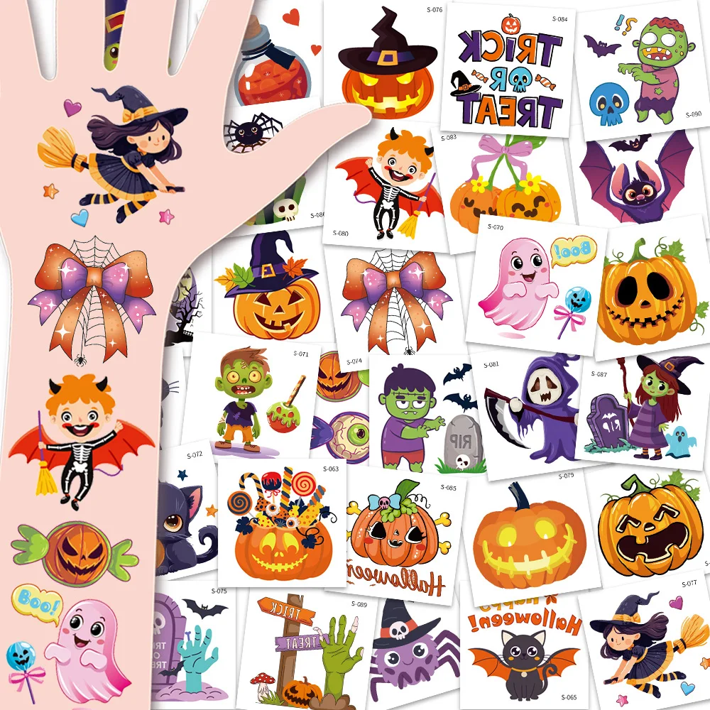 30 Sheets Halloween Temporary Tattoos, Pumpkins Skeletons Zombies Bats Ghosts Magician Cute Patterns, Party Favors Decor Gifts