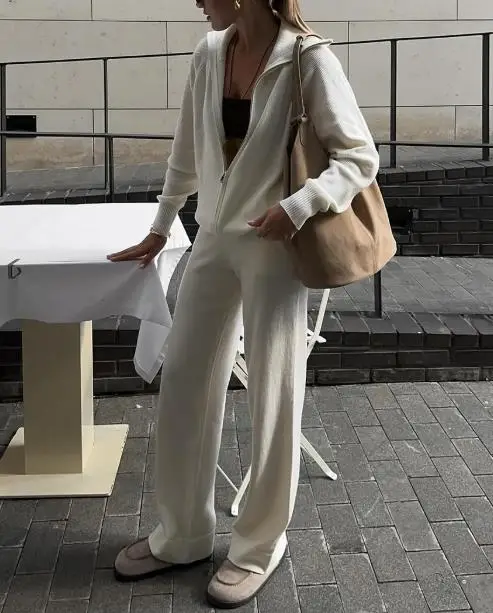 

Женский кардиган на молнии, комплект свитера, вязаный кардиган с широкими брюками на осень-зиму 202, удобный комплект из двух предметов