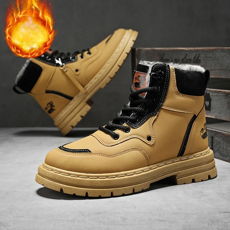 

Мужские высокие ботинки, зимняя плюшевая теплая хлопковая обувь, водонепроницаемые кожаные ботинки, уличные нескользящие зимние ботинки, мужские повседневные ботинки на платформе