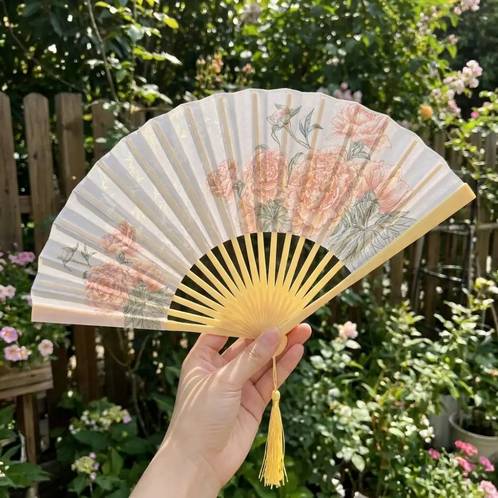 Portable Ancient Style Printing Folding Fan Exquisite with Tassel Handheld Fan Flower Pattern Vintage Chinese Style Folding Fan