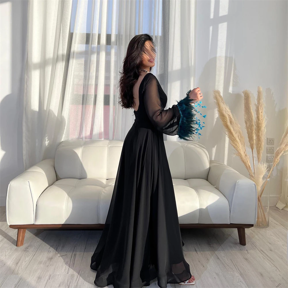 Tarot Simple Feathers Chiffon Saudi Arabia Prom Dresses A Line O-Neck Open Back Evening Gowns 2024 Floor Length robes de soirée