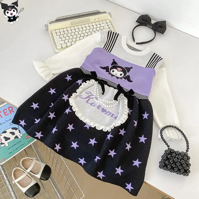 حار سانريو كورومي فستان محبوك Kawaii الخريف والشتاء الكرتون موضة طالب ملابس الأطفال غير رسمية لوليتا كاذبة قطعتين #5