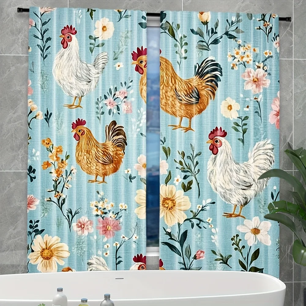 2PCS Digital Print Curtains, Blue Floral Chicken, Farmhouse Country