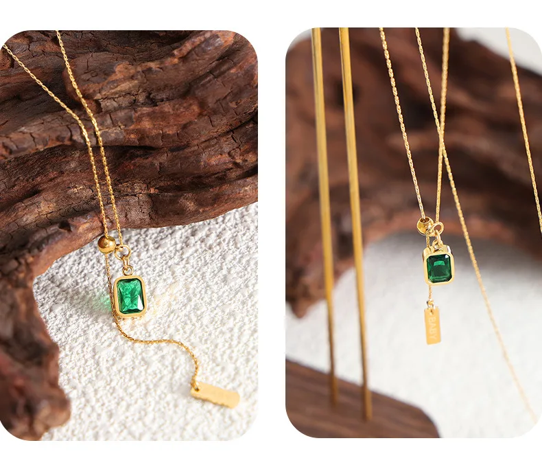 Grüne Zirkon-Anhänger-Halsketten aus Edelstahl, 18 Karat vergoldet, wasserdicht, nicht anlaufend, verstellbare Kette für Damen – Detail 6