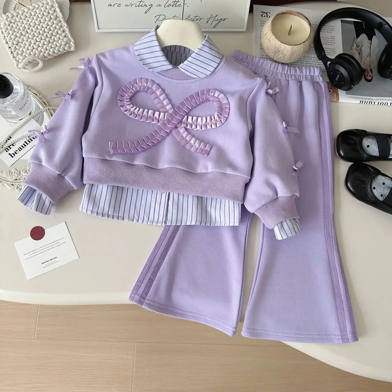 

Spring and Autumn Girls' Set New Children's Elegant Sweet Hoodie+Shirt+Bellbottom Pants 3-Piece Set for Little Girls Korean
