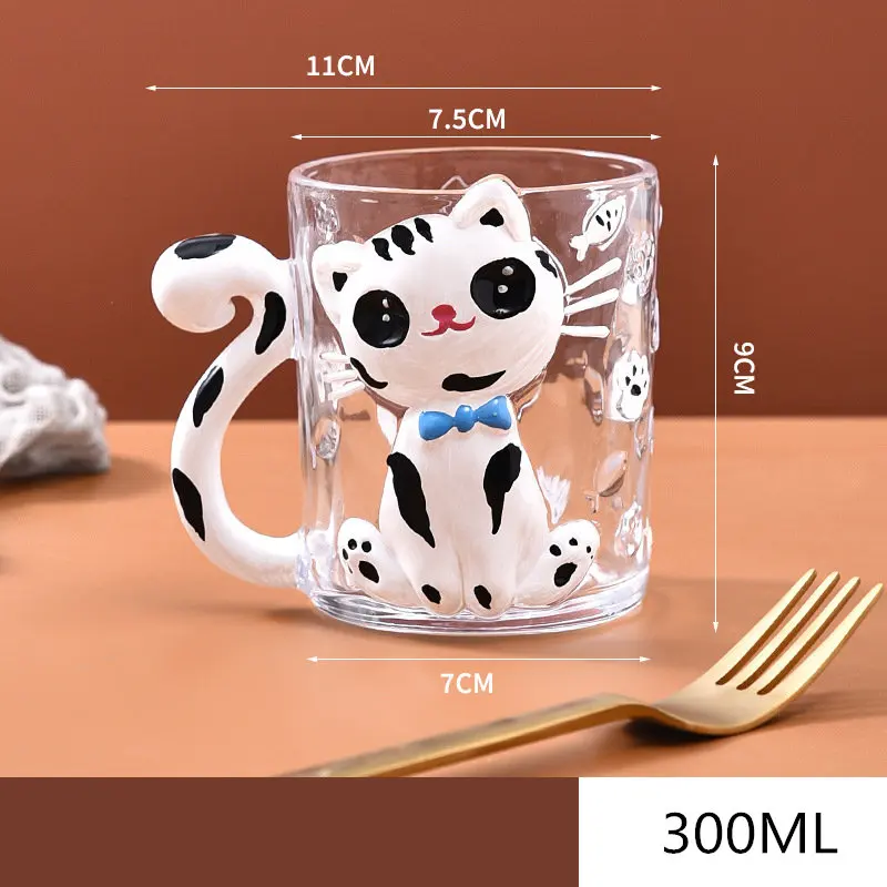 Hand-Painted Relief Glass Cup Cute Cat Girls Kids Milk Coffee Mug Couple Creative Cat Tail Handle Water Cup 300ML
