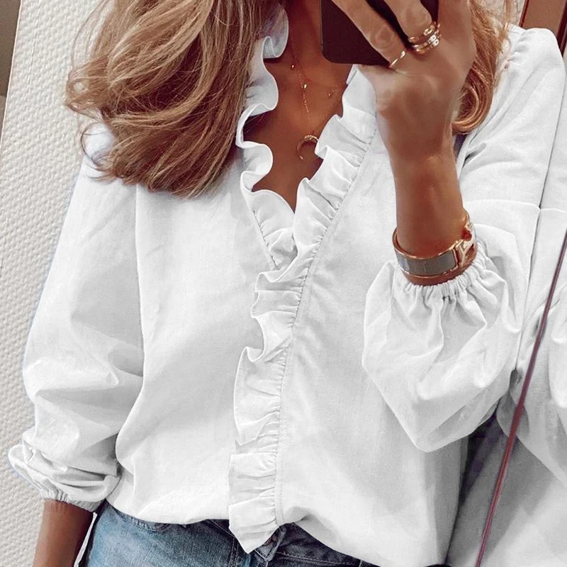 

Spring and Summer Long Sleeved Ruffle Edge Blouse for Women Fashion Lantern Sleeve Loose Blouses Office Lady White Tops 18246