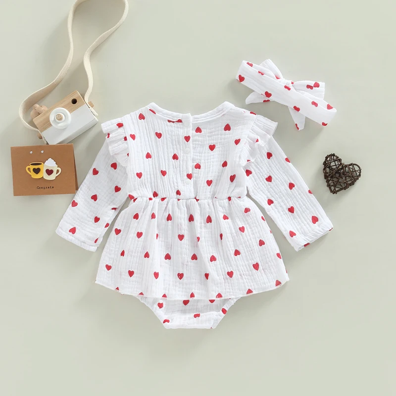 2022-10-21 Lioraitiin Baby Girls Valentine\'s Day Romper Dress Infant Heart Print Long Sleeve Skirt Hem Jumpsuits with Headband