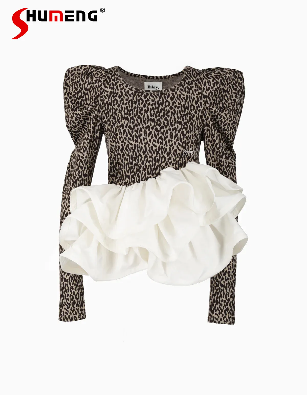 

2026 Spring New Lady Leopard Print T-Shirt Japanese Fashion Sweet Slimming Ruffle Patchwork Bud T-Shirt Women Long Sleeve Top