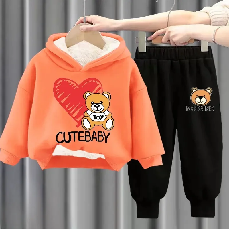 winter Boys Clothes plush warm long sleeve& trousers 2 Pieces Set Teenage Girls & Boys Printed teddy bear hoodies Fashion Casual