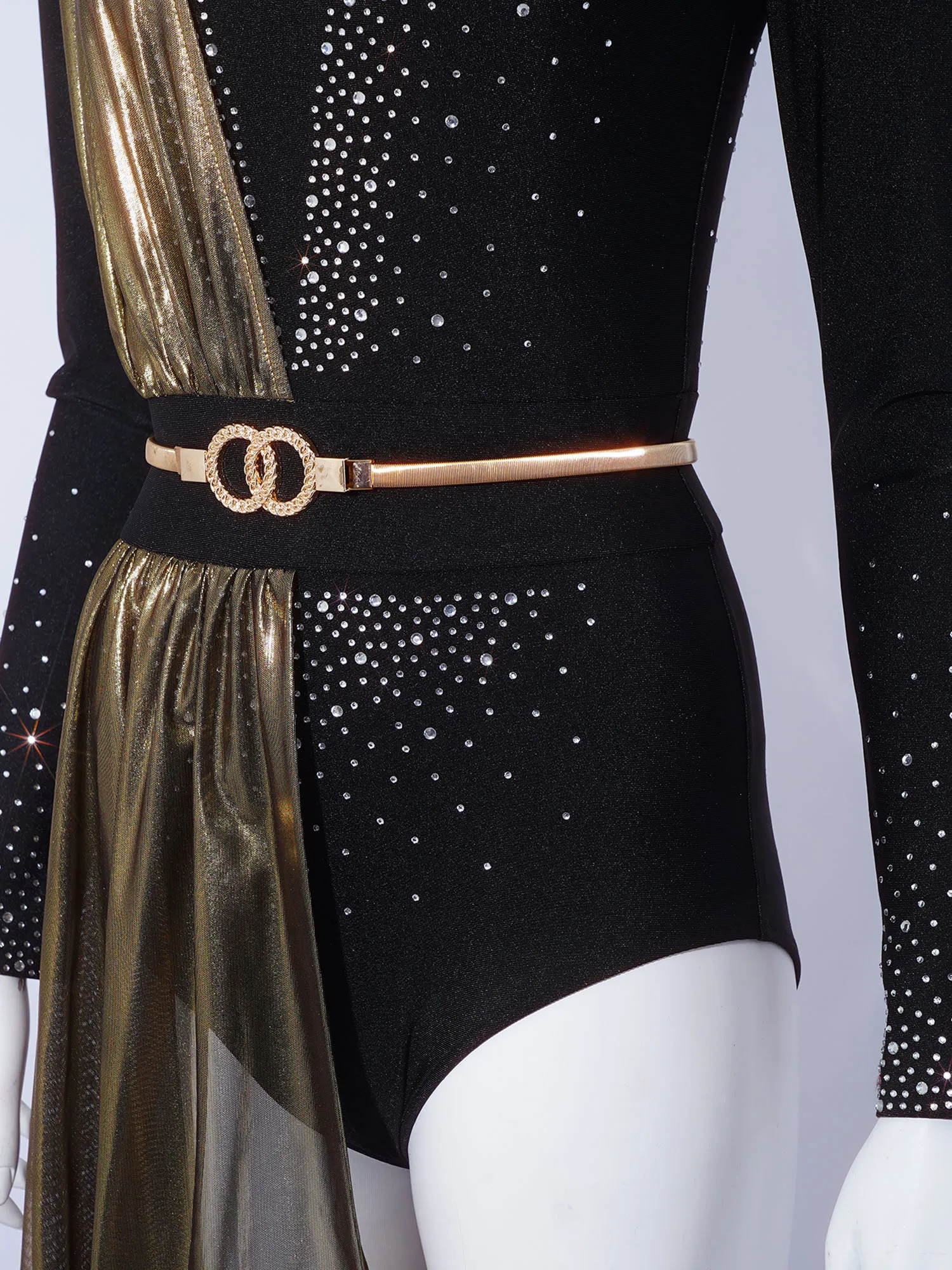

Women Lyrical Ballet Jazz Tango Performance Costumes Rhinestones Bodysuit with Drape Long Sleeve Back Cutout Leotards Dresses