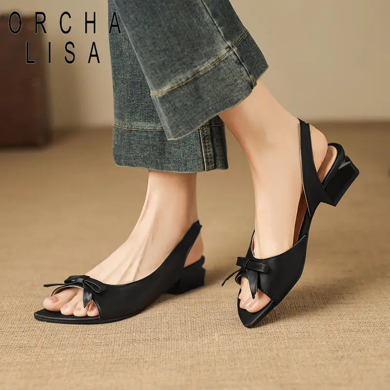 

ORCHA LISA Fashion Female Sandals Open Toe Mid Heels 3cm Slip Back Strap Butterfly Knot Large Size 41 42 43 Sweet Dating Shoes