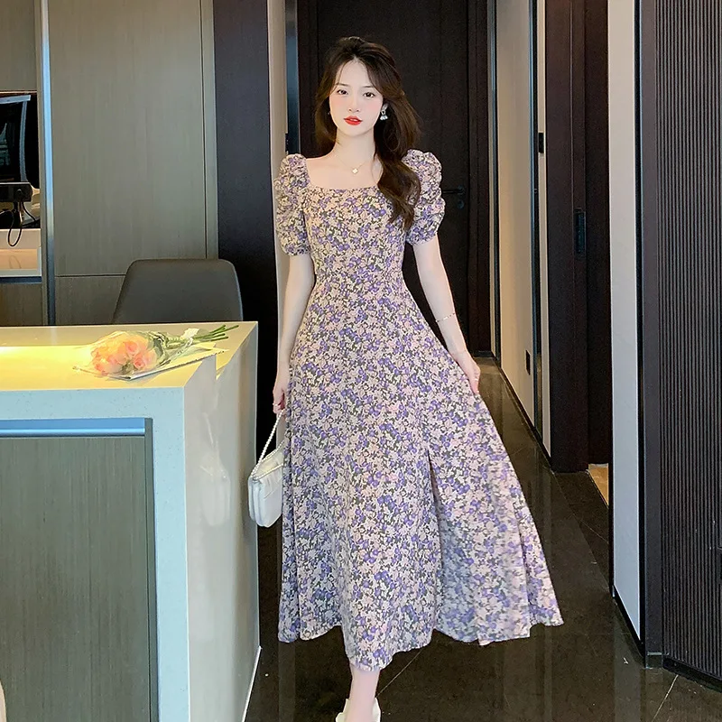 French square neck bubble sleeves floral mid length dress for women 2024 summer new collection waist cut A-line skirt trend