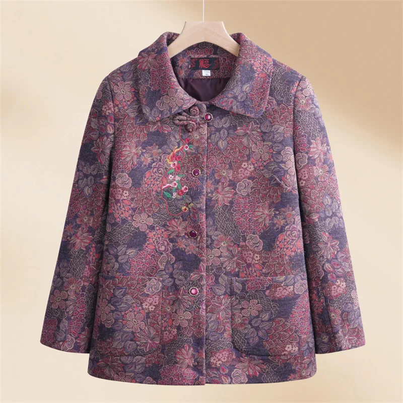 Women Winter Coats New Printed Vintage Grandma Wool Jacket Spring Autumn Outside Wear Woolen Coat Middle Aged Mother Clothing