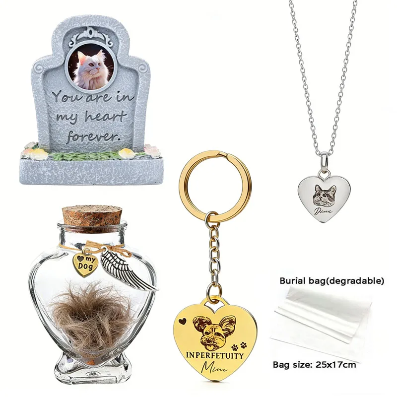 

Personalized Pet Loss Remembrance Set Custom Pet Photo Tombstone Necklace Keychain Keepsake Bottle Pet Memorial Gift