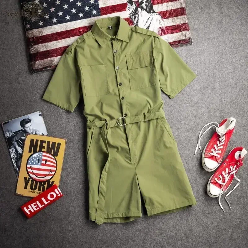 Summer Solid Casual Men's Jumpsuit Safari Style Men's Sets Single Breasted Lapel Short Sleeved Lace Up Shorts