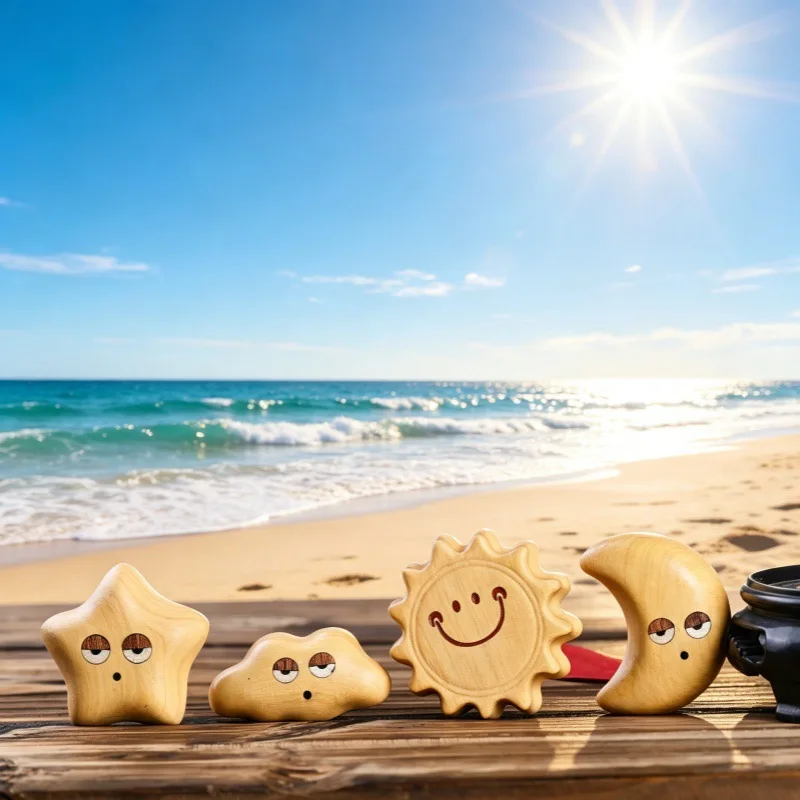 Golden Sandalwood Carved Cartoon Smiley Star Moon Fridge Magnet Cute Wood Magnetic Sticker Original Design Souvenir Gift