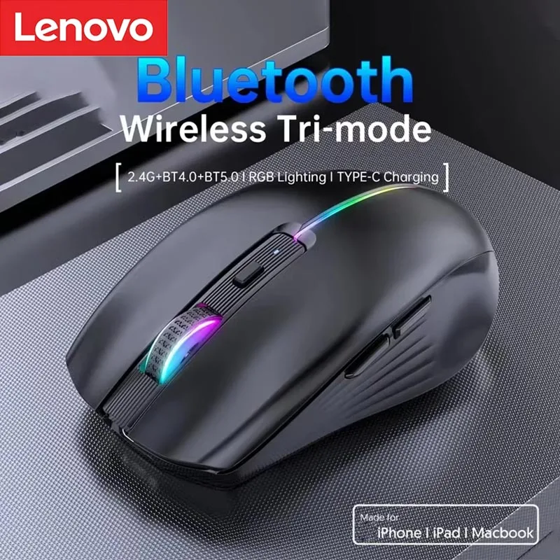 

Мышь Lenovo 2.4G Bluetooth 5.1 Tri-mode с RGB-подсветкой, многоцветная, перезаряжаемая через Type-C, 6-кнопочная, бесшумная, универсальная