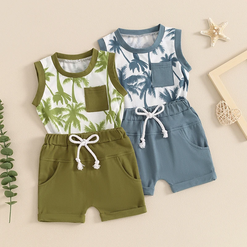 

2024-04-11 Lioraitiin Kids Boys Summer Casual Shorts Sets Sleeveless Tropical Tree Print Tank Tops Solid Color Shorts Sets