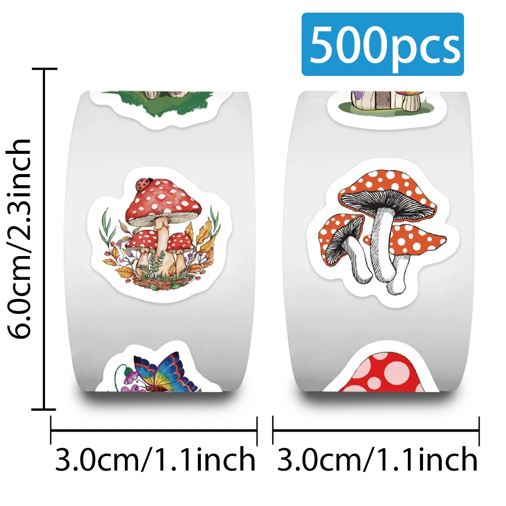 500pcs/roll Cute Cartoon Plants Mushroom Stickers Kids Toy Laptop Water Bottle Luggage Phone Vinyl Graffiti Decals (10 Patterns)