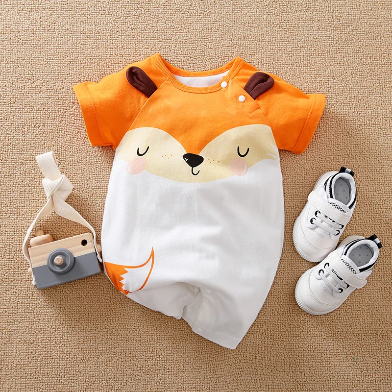 Baby Spring and Autumn Style Boys and Girls Short Sleeve Cute Little Fox Casual All Cotton Round Neck Bodysuit