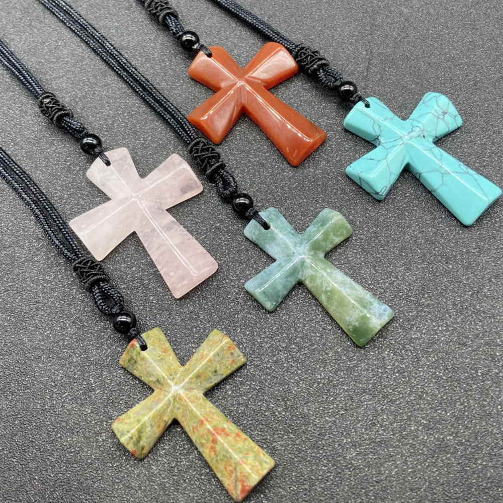 Natural Crystal Cross Pendant Rose Quartz Agate Tiger Eye Gemstone Healing Crystals Stone Braided Necklacke Jesus Religious Gift