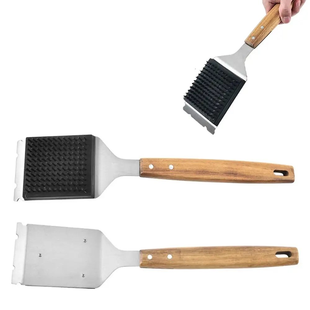 Wood Handle Barbecue Brush and Scraper Heat Resistant No Scratch Grill Cleaning Brush Stain Removal Anti-slip Barbecue Cleaner