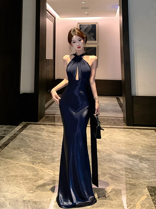 Ele Evening Light Dr Ne Hanging Bal Birthday Par Slimming Long Skirt French Sle Pure Color Waist a