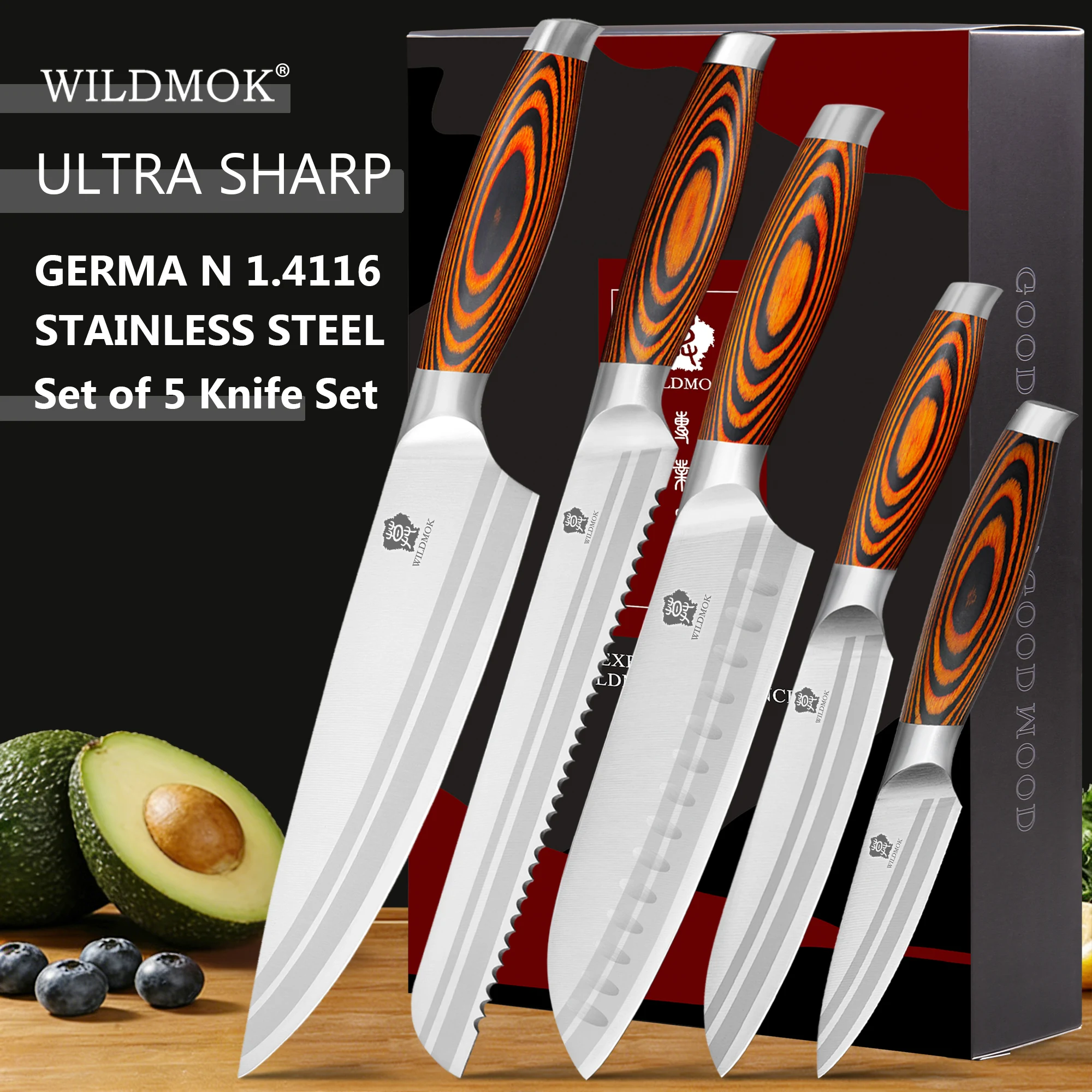 WILDMOK 5PCS Multipurpose Kitchen Knife Set, German Stainless Steel Chef & Fruit Knives with Pakkawood Handle for Daily Cooking