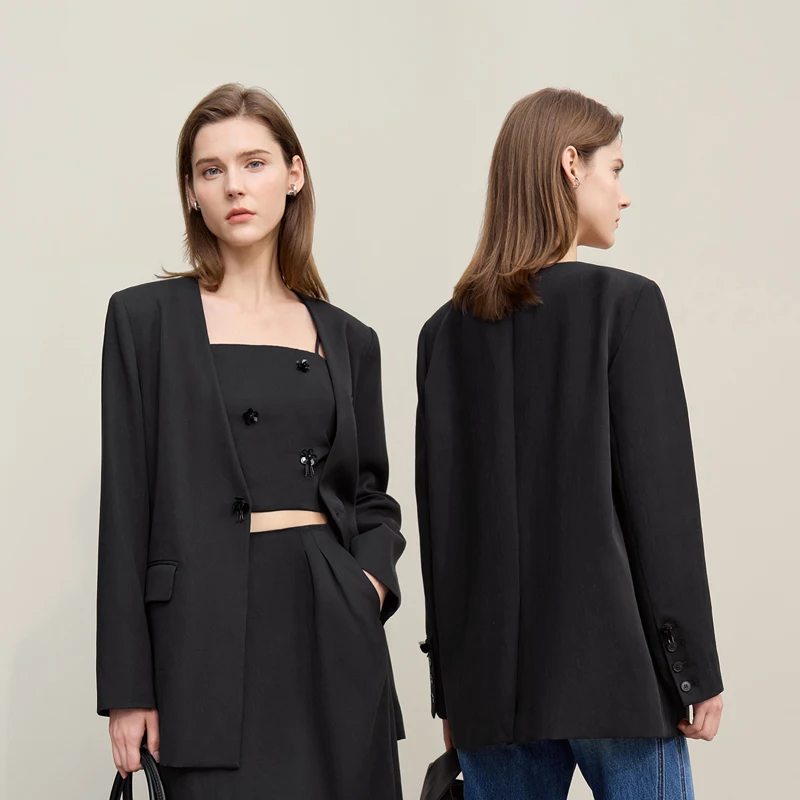 Amii Women's Jacket 2026 Spring New Bead Sheet Flower V-Neck Women's Blazer Straight Elegant Shoulder Pad Blazers Top 12621026