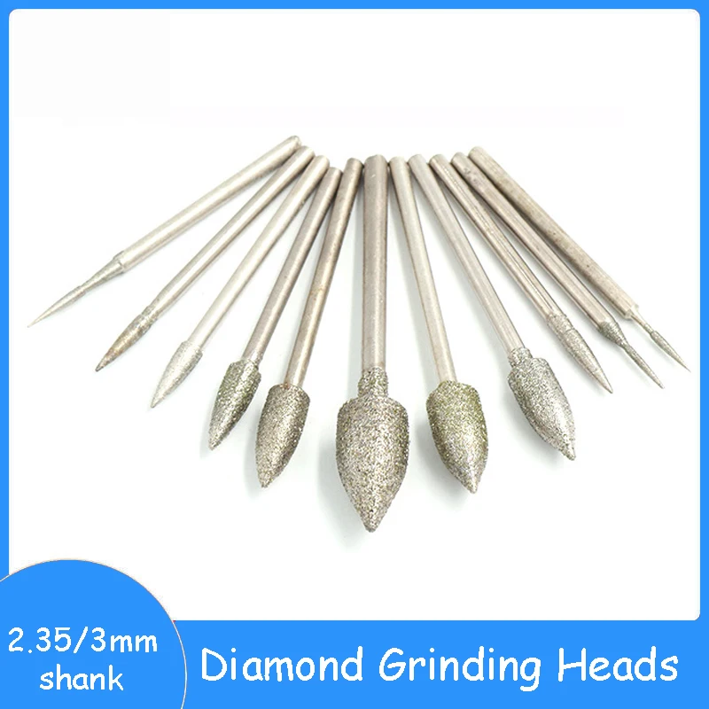 

2.35mm 3mm Shank Diamond Grinding Head 1mm~8mm Polished Needle Jade Stone Carving Engraving Tool Dremel Accesories