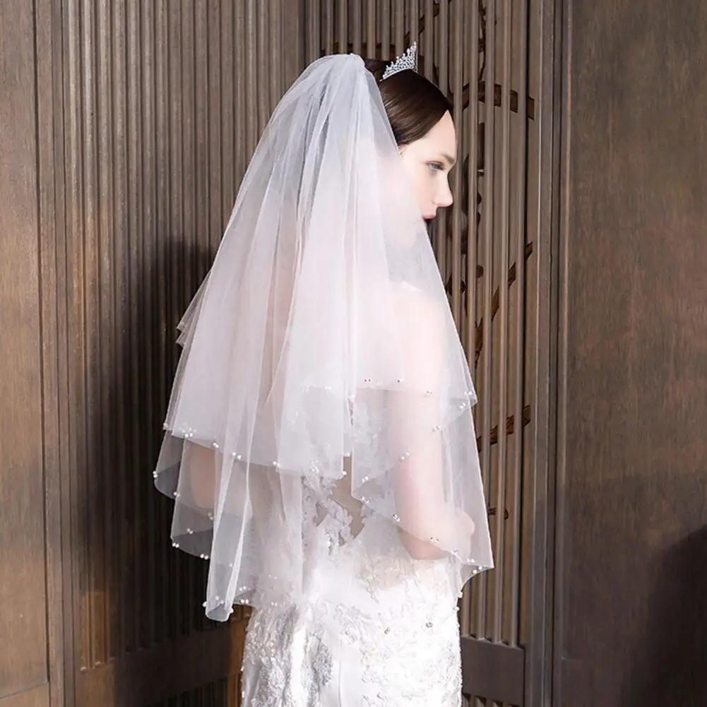 Exquisite Bridal Headpiece Women Bridal Veil with Faux Pearls Multi-layer Mesh Design Short Veil Pure White Wedding for Elegant