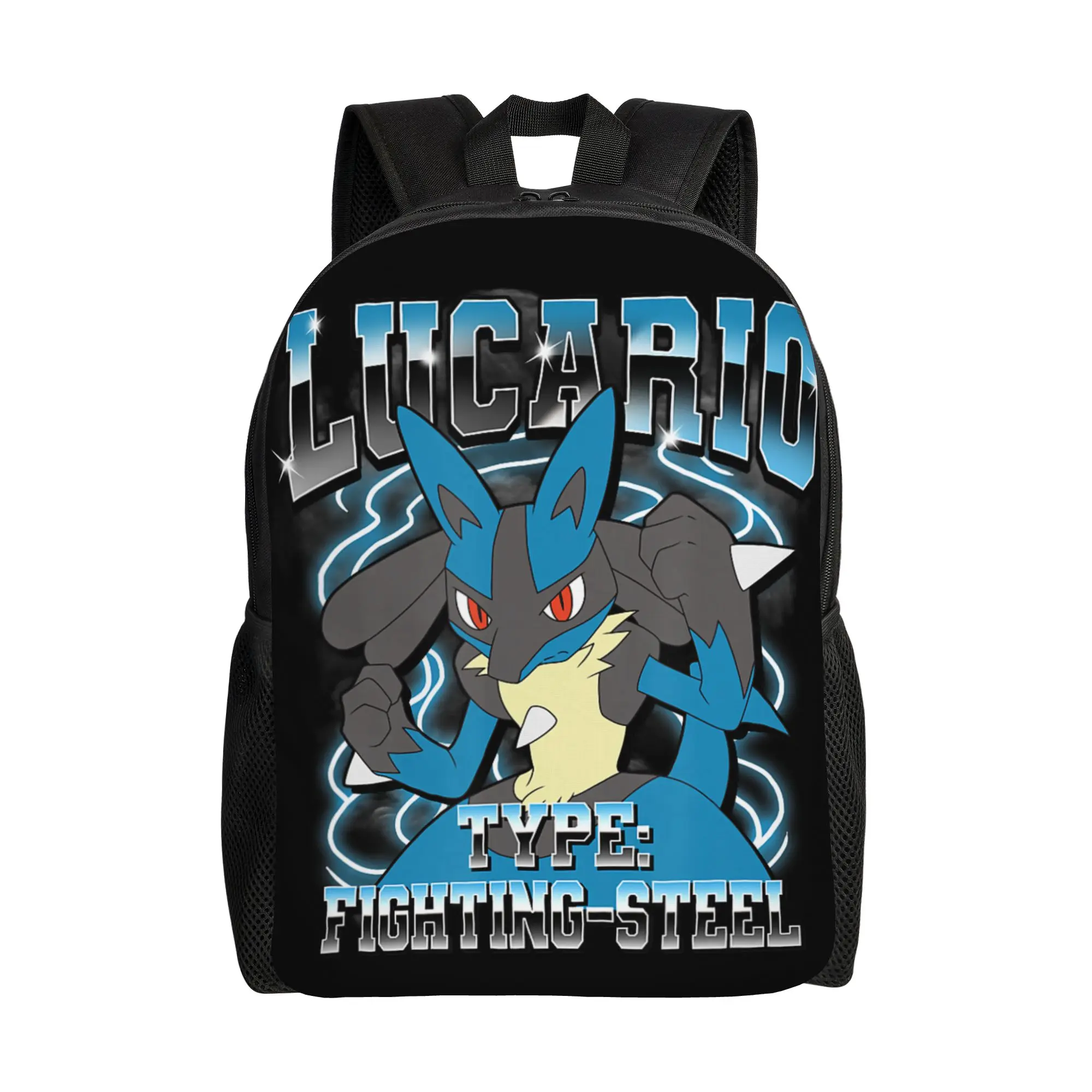mochilas-bandai-pokemon-lucario-type-fighting-steel-poster-daypack-mochila-para-trabalho-de-escritorio-com-fecho-de-ziper