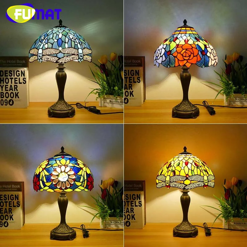 

FUMAT Tiffany style stained glass Mediterranean retro desk lamp for bedroom bedside lamp study dining room LED decor table lamp