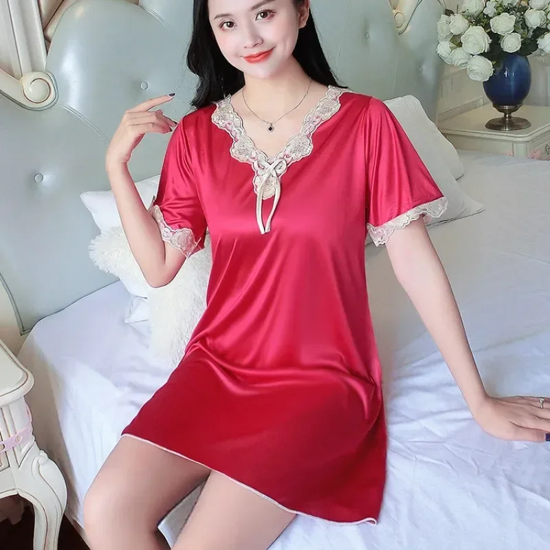 Women Nightgowns Satin Silk Sleepwear Soft Big Size S-XXL Nightwear Lace Dress Sexy Lingerie Gown Robe Homedress Nightdress